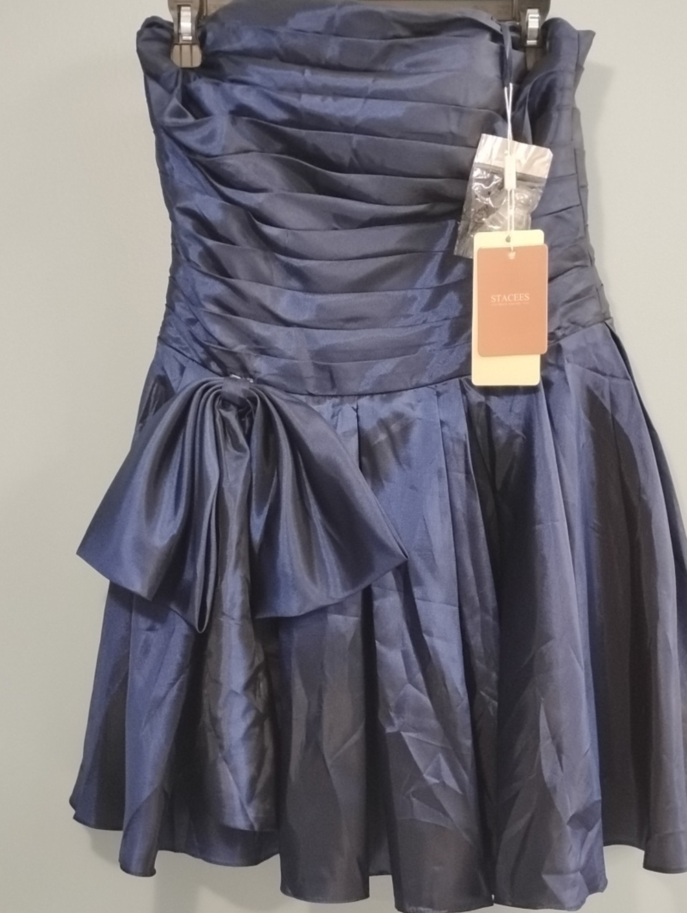 NWT Stacees Strapless Navy Party Dress with Side Bow Accent